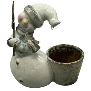 Woodland Ceramic Snowman Figurine With Rustic Look & Built-In Planter READ